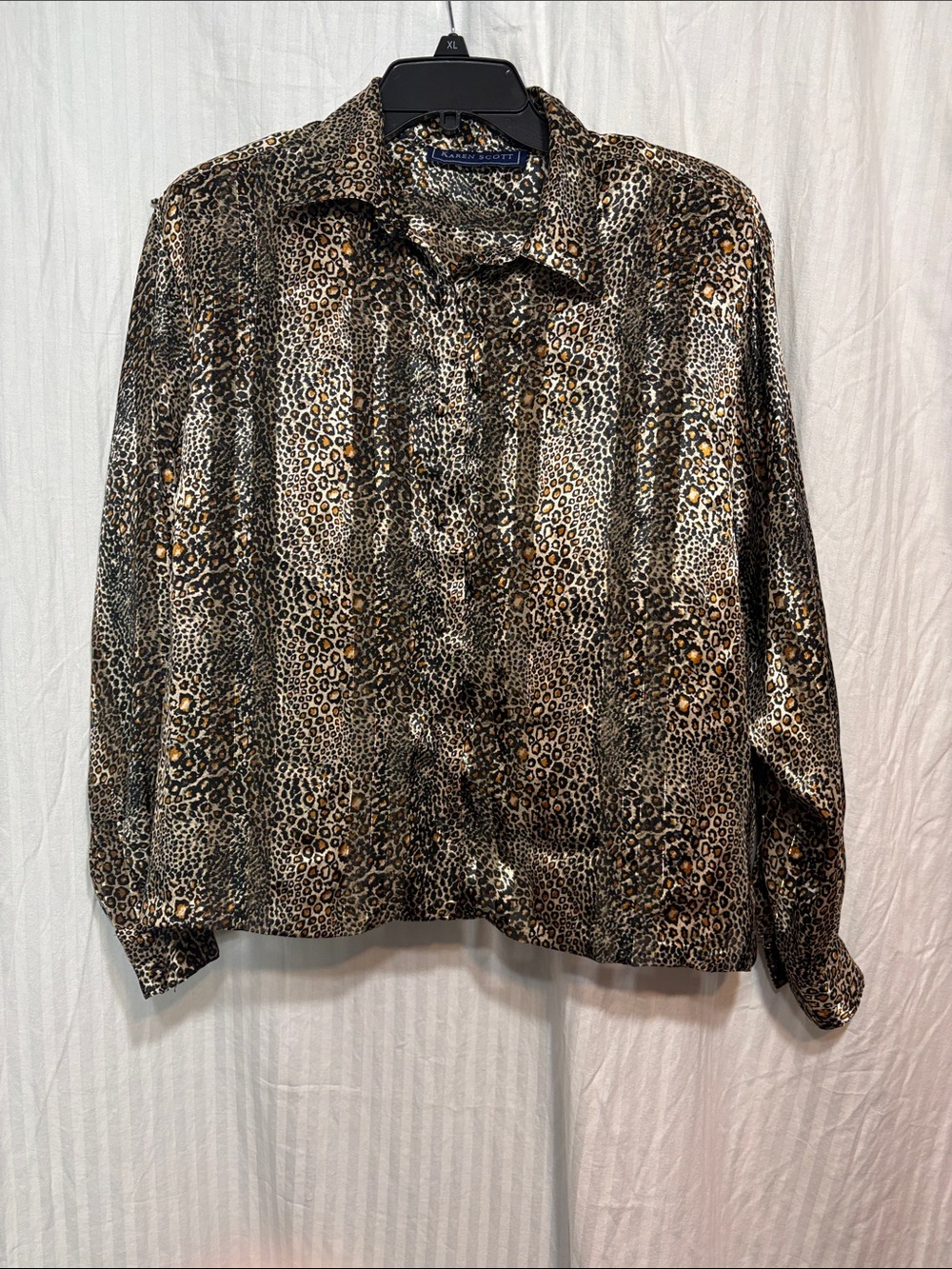 Vintage Karen Scott Women’sLeopard Print Button-Down Shirt in Brown and Black